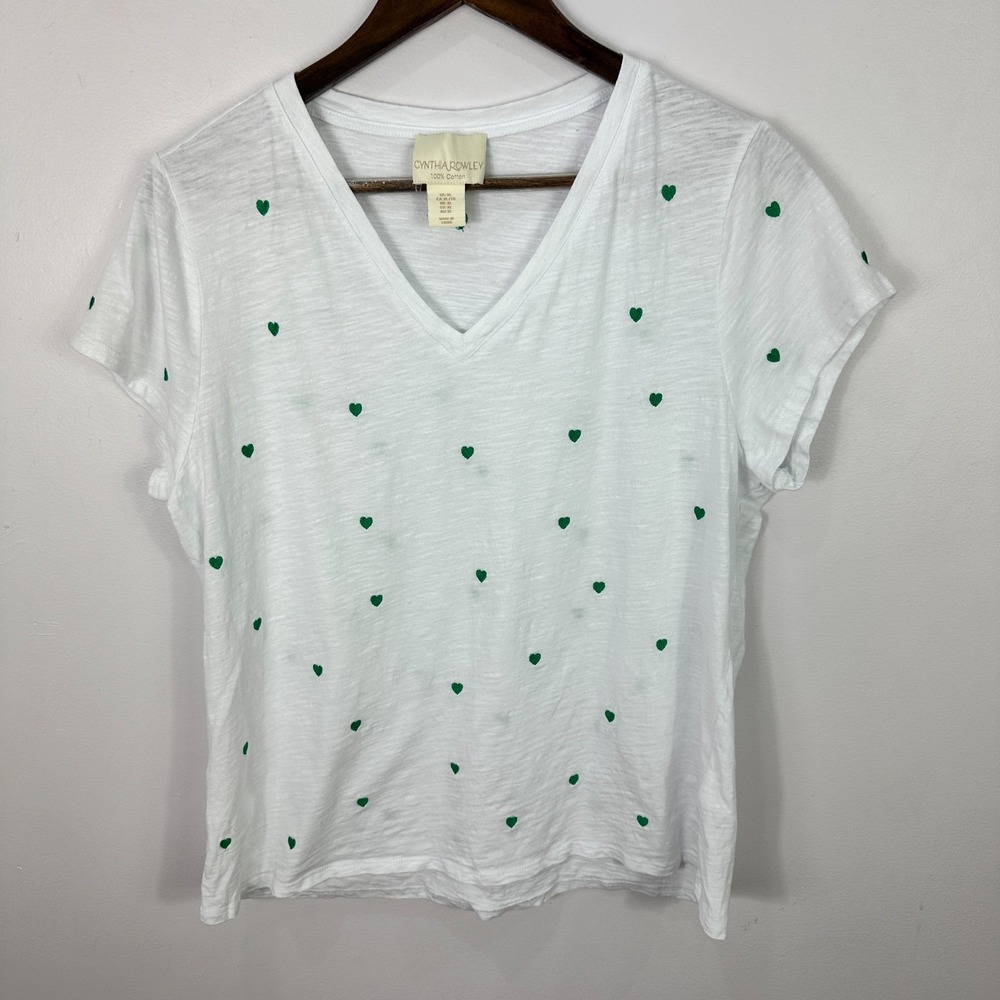 Cynthia Rowley T Shirt Womens XL White Green Embroidered Heart V-Neck Cotton Tee